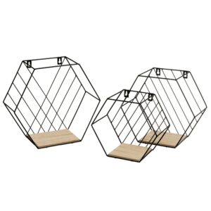 Mensola a muro esagonale,Nero metallo- MDF, set di 3,Per ristoranti, bar 31x13 x 28 CM 1u/c