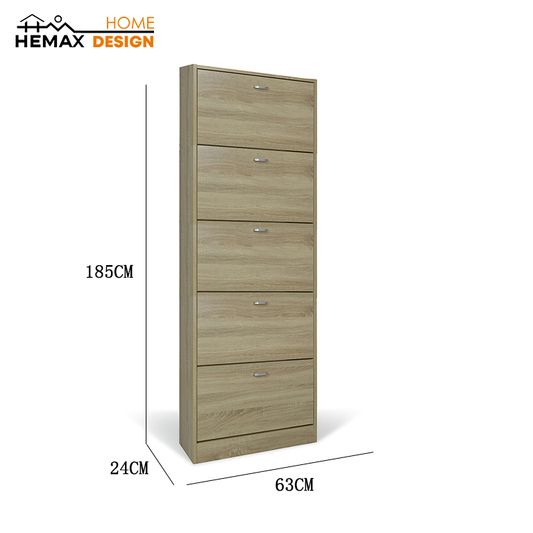 Scarpiera salvaspazio 5 cassetti con ante a ribalta, 2 colori disponibili 63x24x185cm