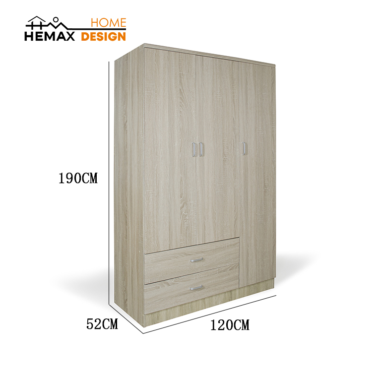 Armadio 3 Ante con 2 Cassetti 2 colori disponibili 120x52x190 cm