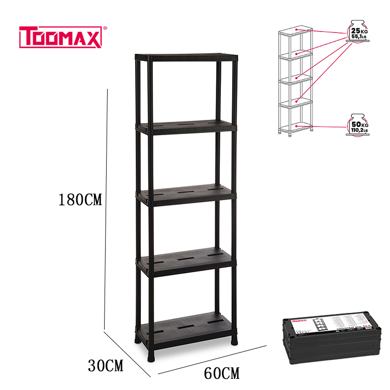 Scaffale in plastica nera,Ci sono 4 e 5 piani