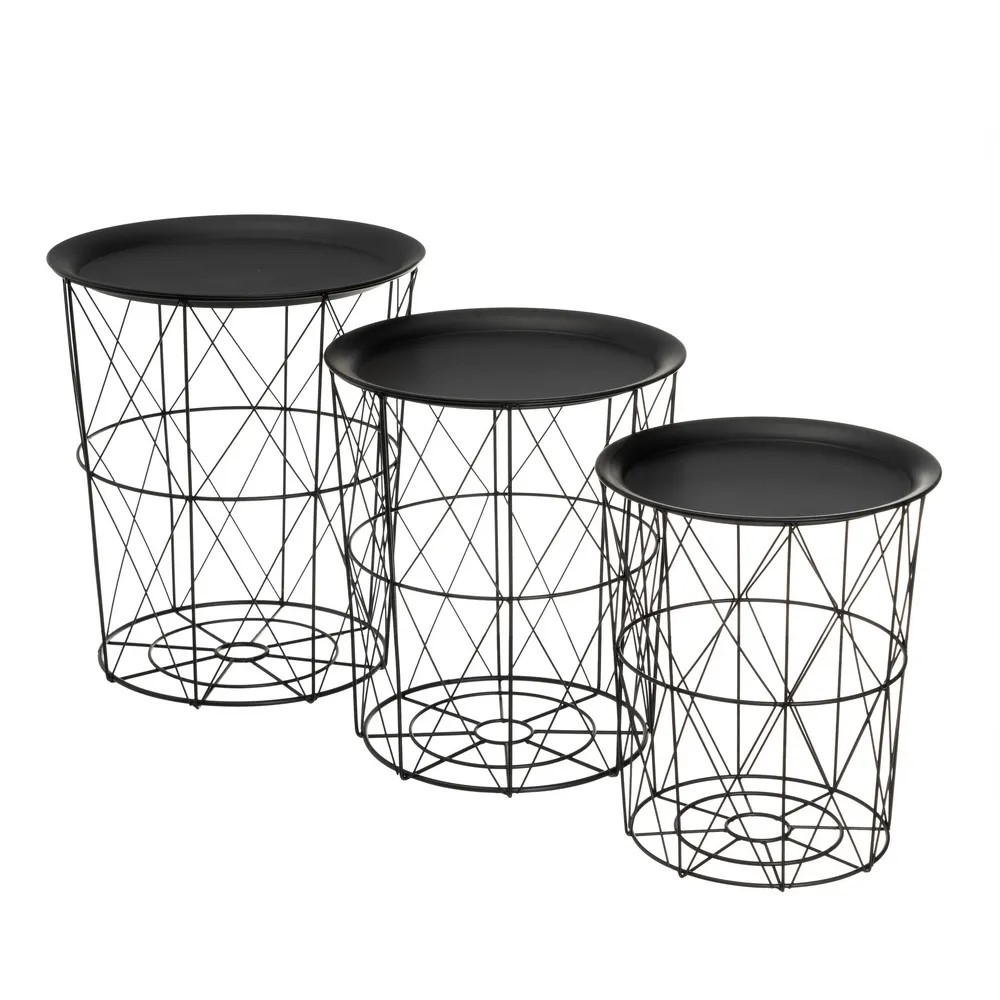 S/3 Tavolino in metallo,Cestino in metallo, nero con vassoio rimovibile,per il soggiorno e la camera da letto. 40x40x44CM 1u/c