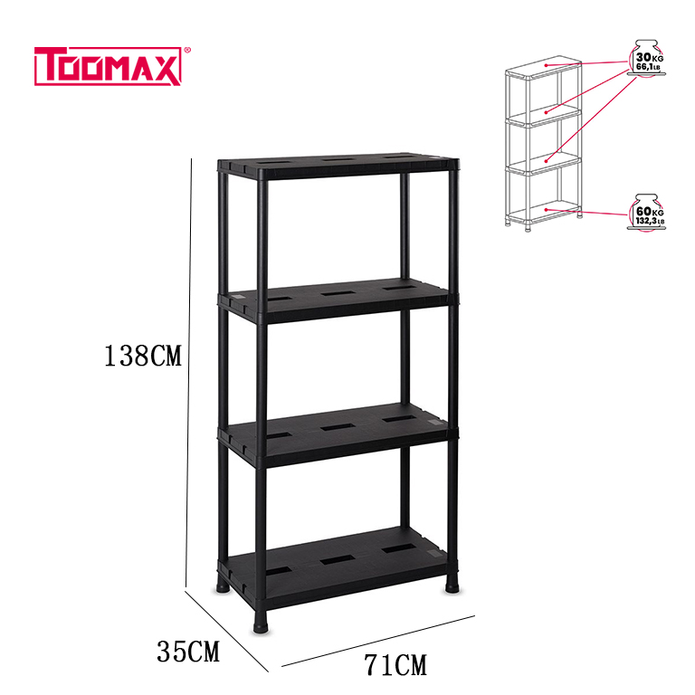 Scaffale in plastica nera,Ci sono 4 e 5 piani